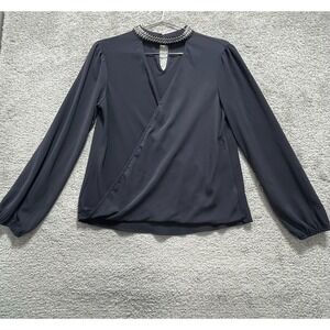 Lily White Top Shirt Womens Small Gray Embroidered Round Neck Pullover Polyester
